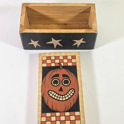 LOT 85F: Large Assortment Of Halloween Decorations, Decorative Primitive Box From Lancaster, PA, Garland W/Ghost/Pumpkins & Much More