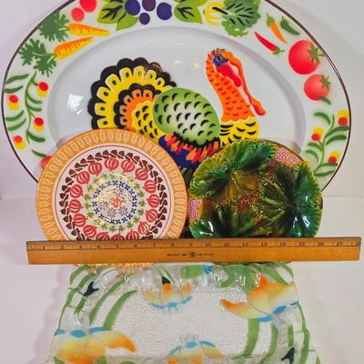 LOT 89D: Villeroy Boch Antique/Vintage Majolica Leaves & Grapes Plate, MCM Metal Turkey Plate, Yankee Candle Pumpkin Dish &...