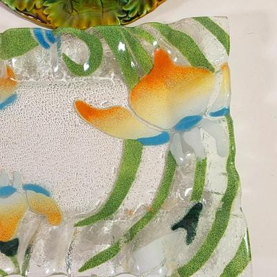LOT 89D: Villeroy Boch Antique/Vintage Majolica Leaves & Grapes Plate, MCM Metal Turkey Plate, Yankee Candle Pumpkin Dish &...