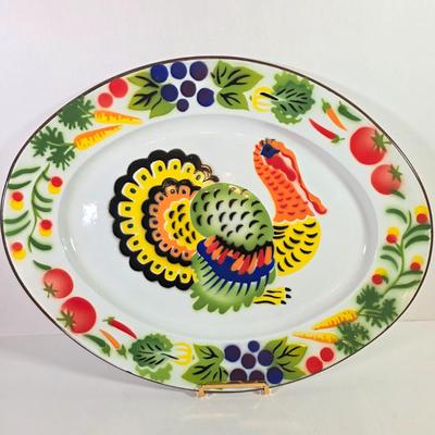 LOT 89D: Villeroy Boch Antique/Vintage Majolica Leaves & Grapes Plate, MCM Metal Turkey Plate, Yankee Candle Pumpkin Dish &...