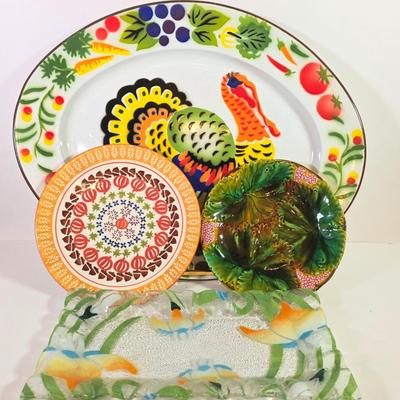 LOT 89D: Villeroy Boch Antique/Vintage Majolica Leaves & Grapes Plate, MCM Metal Turkey Plate, Yankee Candle Pumpkin Dish &...