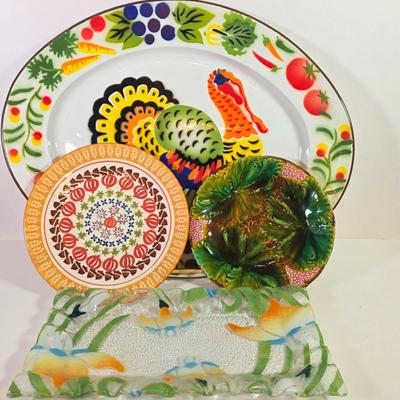 LOT 89D: Villeroy Boch Antique/Vintage Majolica Leaves & Grapes Plate, MCM Metal Turkey Plate, Yankee Candle Pumpkin Dish &...