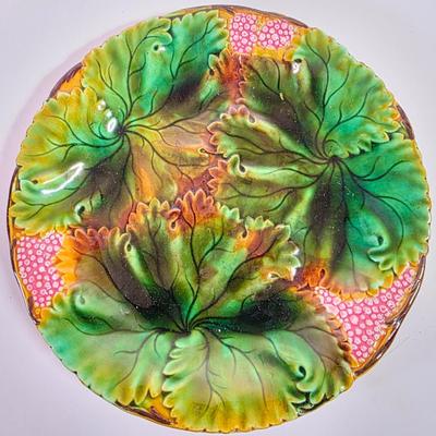 LOT 89D: Villeroy Boch Antique/Vintage Majolica Leaves & Grapes Plate, MCM Metal Turkey Plate, Yankee Candle Pumpkin Dish &...