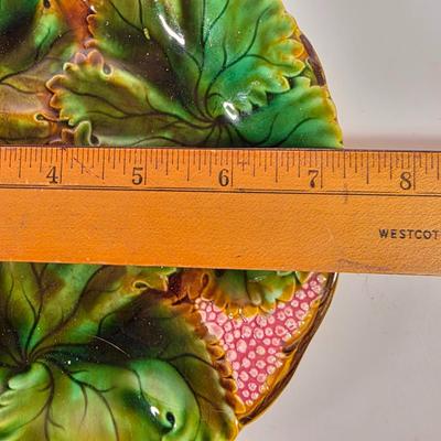 LOT 89D: Villeroy Boch Antique/Vintage Majolica Leaves & Grapes Plate, MCM Metal Turkey Plate, Yankee Candle Pumpkin Dish &...