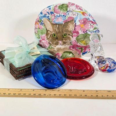 LOT 90D: Glass Coasters Made in Stockton, NJ Sunflower Glass Studio, Vintage Cat Vase, Cobalt & Ruby Colored Cat Suncatchers &...