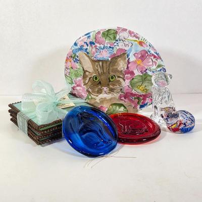 LOT 90D: Glass Coasters Made in Stockton, NJ Sunflower Glass Studio, Vintage Cat Vase, Cobalt & Ruby Colored Cat Suncatchers &...