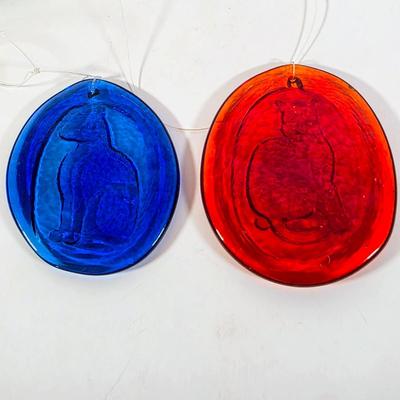 LOT 90D: Glass Coasters Made in Stockton, NJ Sunflower Glass Studio, Vintage Cat Vase, Cobalt & Ruby Colored Cat Suncatchers &...