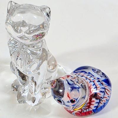 LOT 90D: Glass Coasters Made in Stockton, NJ Sunflower Glass Studio, Vintage Cat Vase, Cobalt & Ruby Colored Cat Suncatchers &...