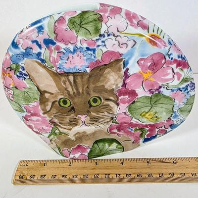 LOT 90D: Glass Coasters Made in Stockton, NJ Sunflower Glass Studio, Vintage Cat Vase, Cobalt & Ruby Colored Cat Suncatchers &...