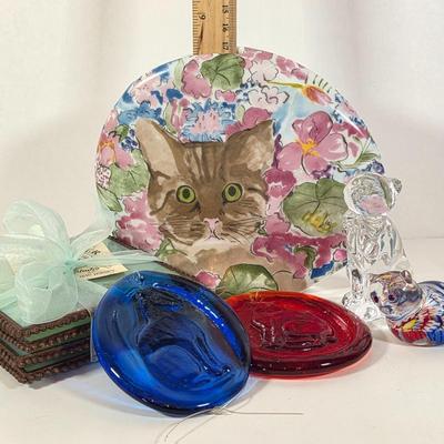LOT 90D: Glass Coasters Made in Stockton, NJ Sunflower Glass Studio, Vintage Cat Vase, Cobalt & Ruby Colored Cat Suncatchers &...