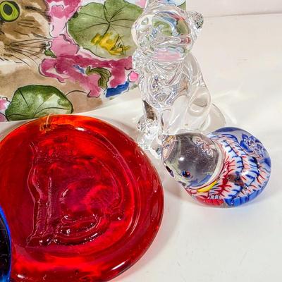 LOT 90D: Glass Coasters Made in Stockton, NJ Sunflower Glass Studio, Vintage Cat Vase, Cobalt & Ruby Colored Cat Suncatchers &...