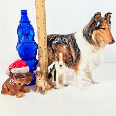 LOT 93D: Vintage Royal Doulton Collie Figurine, Joseph Original Porcelain Christmas Dachshund, Wired Hair Terrier, MCM Cobalt Blue Glass...