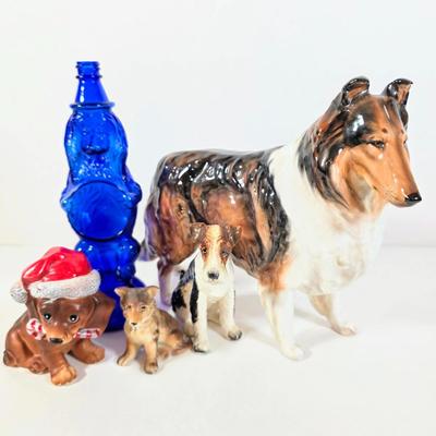 LOT 93D: Vintage Royal Doulton Collie Figurine, Joseph Original Porcelain Christmas Dachshund, Wired Hair Terrier, MCM Cobalt Blue Glass...