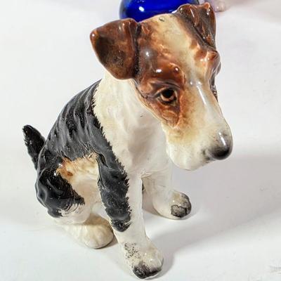 LOT 93D: Vintage Royal Doulton Collie Figurine, Joseph Original Porcelain Christmas Dachshund, Wired Hair Terrier, MCM Cobalt Blue Glass...