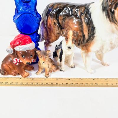 LOT 93D: Vintage Royal Doulton Collie Figurine, Joseph Original Porcelain Christmas Dachshund, Wired Hair Terrier, MCM Cobalt Blue Glass...