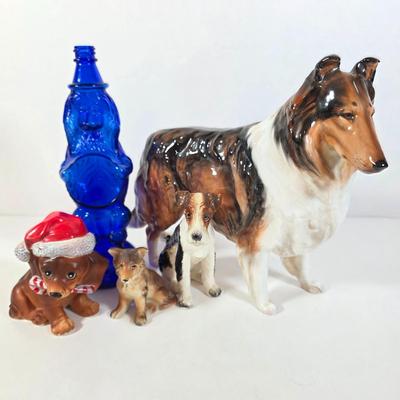 LOT 93D: Vintage Royal Doulton Collie Figurine, Joseph Original Porcelain Christmas Dachshund, Wired Hair Terrier, MCM Cobalt Blue Glass...