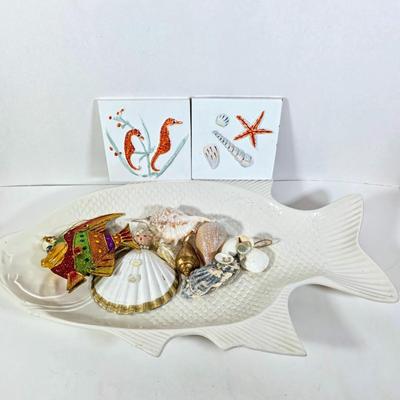 LOT 95D: Vintage Ceramic Fish Platter, Seashore Themed Tiles & Assorted Seashore Ornaments