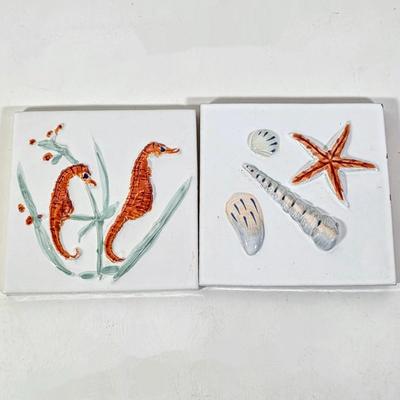 LOT 95D: Vintage Ceramic Fish Platter, Seashore Themed Tiles & Assorted Seashore Ornaments