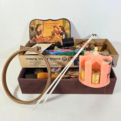 LOT 96D: Beautiful Vintage Sewing Basket, With Large Assortment Of Notions & 2 Craft Hot Glue Guns