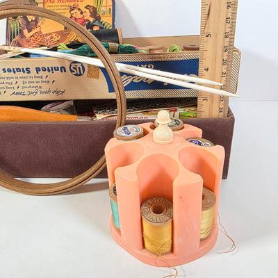 LOT 96D: Beautiful Vintage Sewing Basket, With Large Assortment Of Notions & 2 Craft Hot Glue Guns