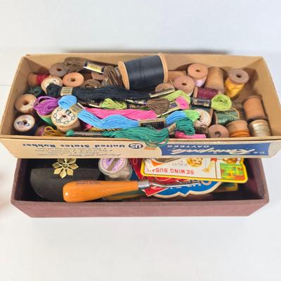 LOT 96D: Beautiful Vintage Sewing Basket, With Large Assortment Of Notions & 2 Craft Hot Glue Guns