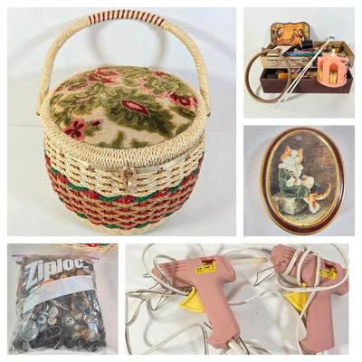 LOT 96D: Beautiful Vintage Sewing Basket, With Large Assortment Of Notions & 2 Craft Hot Glue Guns