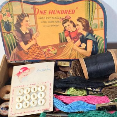 LOT 96D: Beautiful Vintage Sewing Basket, With Large Assortment Of Notions & 2 Craft Hot Glue Guns