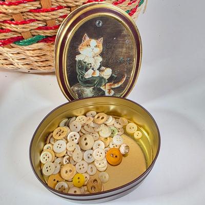 LOT 96D: Beautiful Vintage Sewing Basket, With Large Assortment Of Notions & 2 Craft Hot Glue Guns