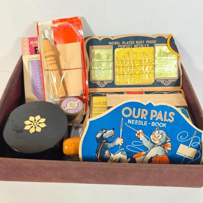 LOT 96D: Beautiful Vintage Sewing Basket, With Large Assortment Of Notions & 2 Craft Hot Glue Guns