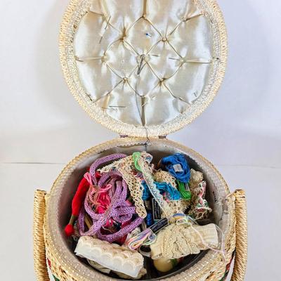 LOT 96D: Beautiful Vintage Sewing Basket, With Large Assortment Of Notions & 2 Craft Hot Glue Guns