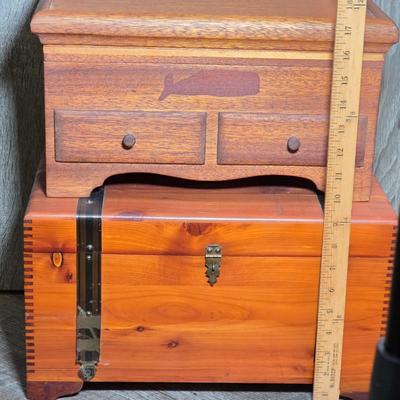 LOT 99D: 2 Small Cedar Chests, 1 Whale Decor Chest W/Two Drawers & 1 Metal Strap Decor Chest