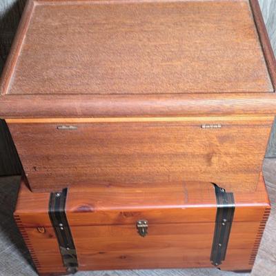 LOT 99D: 2 Small Cedar Chests, 1 Whale Decor Chest W/Two Drawers & 1 Metal Strap Decor Chest