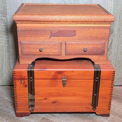 LOT 99D: 2 Small Cedar Chests, 1 Whale Decor Chest W/Two Drawers & 1 Metal Strap Decor Chest