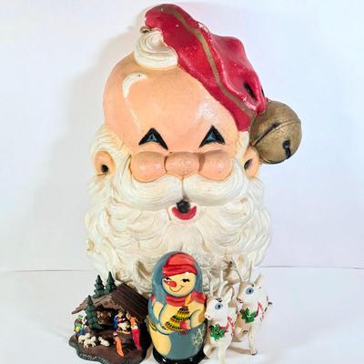 LOT 100D: Vintage Styrofoam Santa Decoration, Snowman Nesting Doll, Plastic Nativity Scene Made In Germany & 2 Reindeer