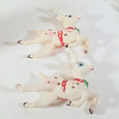 LOT 100D: Vintage Styrofoam Santa Decoration, Snowman Nesting Doll, Plastic Nativity Scene Made In Germany & 2 Reindeer