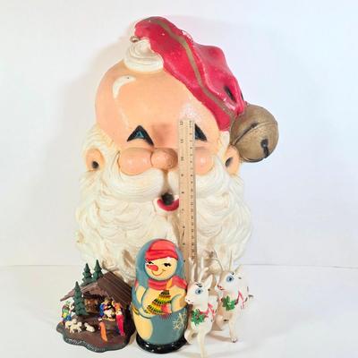 LOT 100D: Vintage Styrofoam Santa Decoration, Snowman Nesting Doll, Plastic Nativity Scene Made In Germany & 2 Reindeer