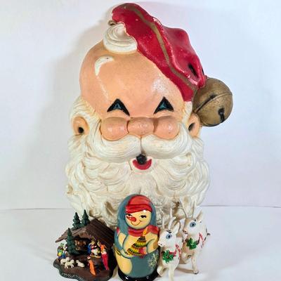 LOT 100D: Vintage Styrofoam Santa Decoration, Snowman Nesting Doll, Plastic Nativity Scene Made In Germany & 2 Reindeer