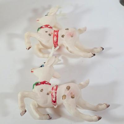 LOT 100D: Vintage Styrofoam Santa Decoration, Snowman Nesting Doll, Plastic Nativity Scene Made In Germany & 2 Reindeer