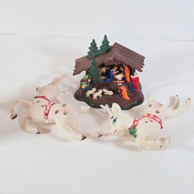 LOT 100D: Vintage Styrofoam Santa Decoration, Snowman Nesting Doll, Plastic Nativity Scene Made In Germany & 2 Reindeer