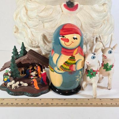 LOT 100D: Vintage Styrofoam Santa Decoration, Snowman Nesting Doll, Plastic Nativity Scene Made In Germany & 2 Reindeer