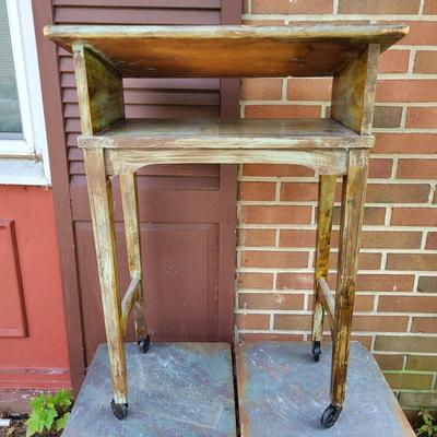 LOT 108: Vintage Wooden Lecturn on Wheels