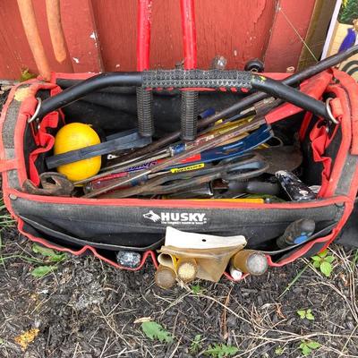 LOT 125G: Husky Tool Bag with Contents, Propane Torch, Large Wrenches and Pipe Clamps