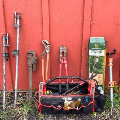 LOT 125G: Husky Tool Bag with Contents, Propane Torch, Large Wrenches and Pipe Clamps
