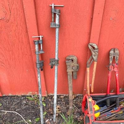 LOT 125G: Husky Tool Bag with Contents, Propane Torch, Large Wrenches and Pipe Clamps