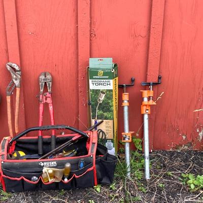 LOT 125G: Husky Tool Bag with Contents, Propane Torch, Large Wrenches and Pipe Clamps