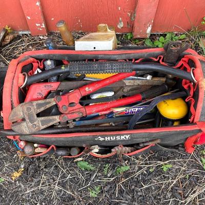 LOT 125G: Husky Tool Bag with Contents, Propane Torch, Large Wrenches and Pipe Clamps