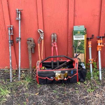LOT 125G: Husky Tool Bag with Contents, Propane Torch, Large Wrenches and Pipe Clamps