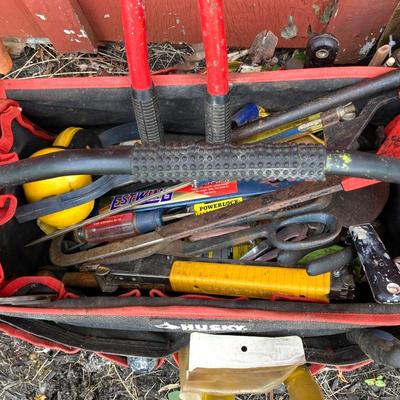 LOT 125G: Husky Tool Bag with Contents, Propane Torch, Large Wrenches and Pipe Clamps