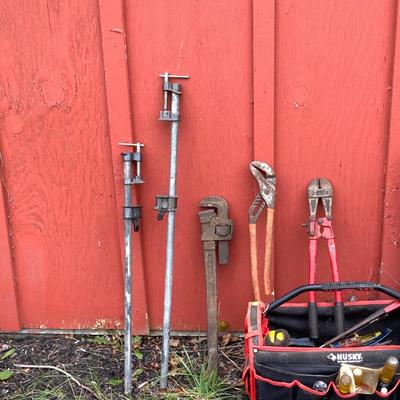 LOT 125G: Husky Tool Bag with Contents, Propane Torch, Large Wrenches and Pipe Clamps