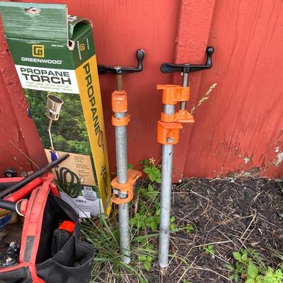 LOT 125G: Husky Tool Bag with Contents, Propane Torch, Large Wrenches and Pipe Clamps